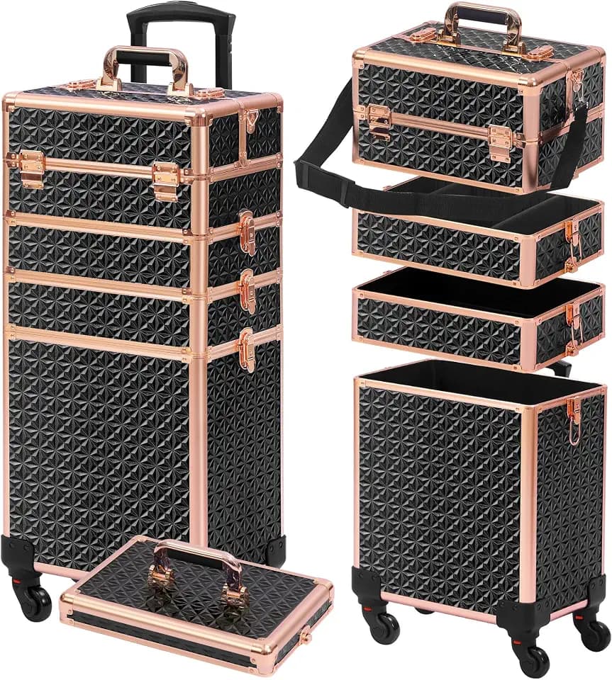 Somduy Rolling Makeup Case, Makeup Train Case with Lid, 5 in 1 Cosmetology Case on Wheels, Christmas Gift, Large Makeup Organizers, Profesional Cosmetic Case for Salon Barber, Black gold