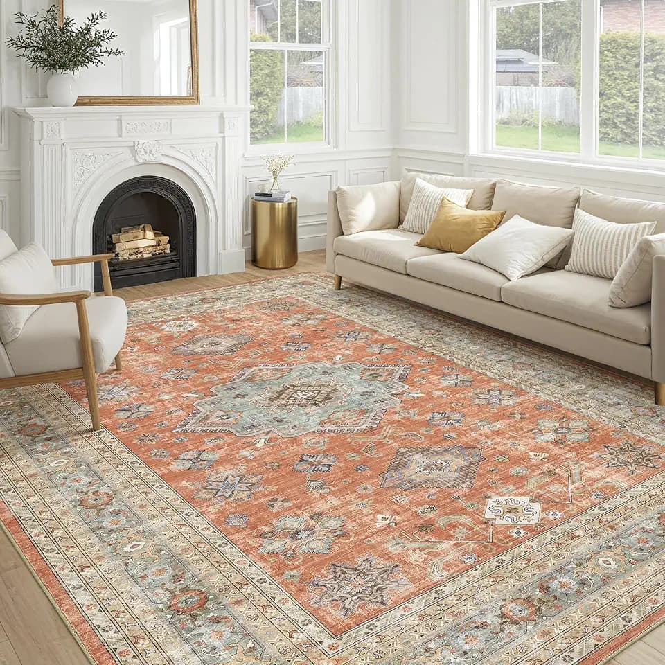 cotiled 8x10 Area Rug for Living Room, Washable, Traditional, Orange