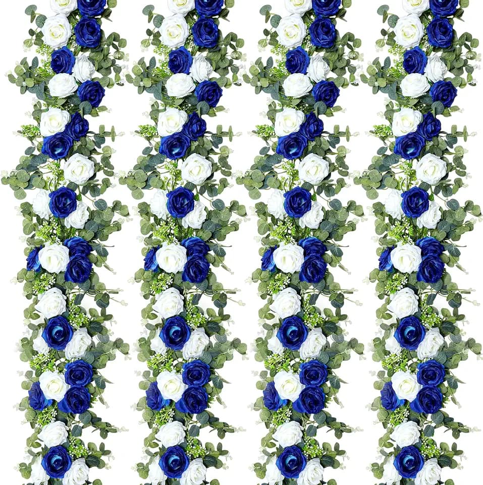 Riceshoot 4 Pcs 26 ft Artificial Eucalyptus Vines Garland with Flowers Faux Floral Greenery Garlands Rose Wreath for Wedding Party Arch Table Decor Backdrop Decorations (Blue and White)
