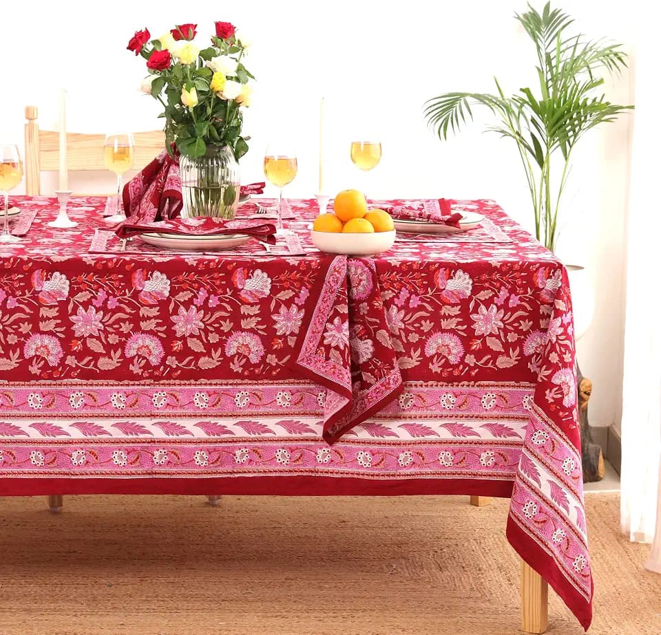 Hand Block Printed Tablecloth, Colorful Floral Print, Indian Artisan Handmade Art, Dining Room, Kitchen, Outdoor Décor, (Cherry Red, 6 Seater 60 x 90 Inches Rectangle)