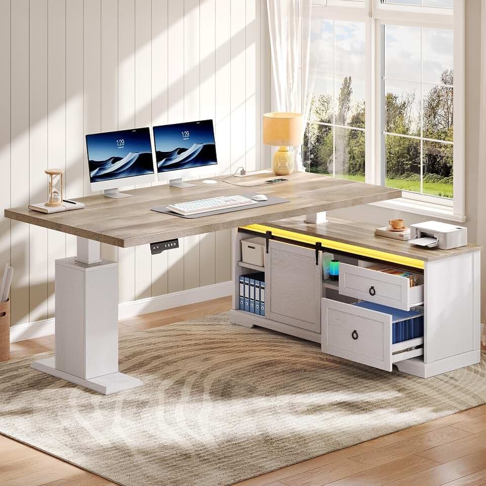 YITAHOME L Shaped Standing Desk with Power Outlets & LED Lights