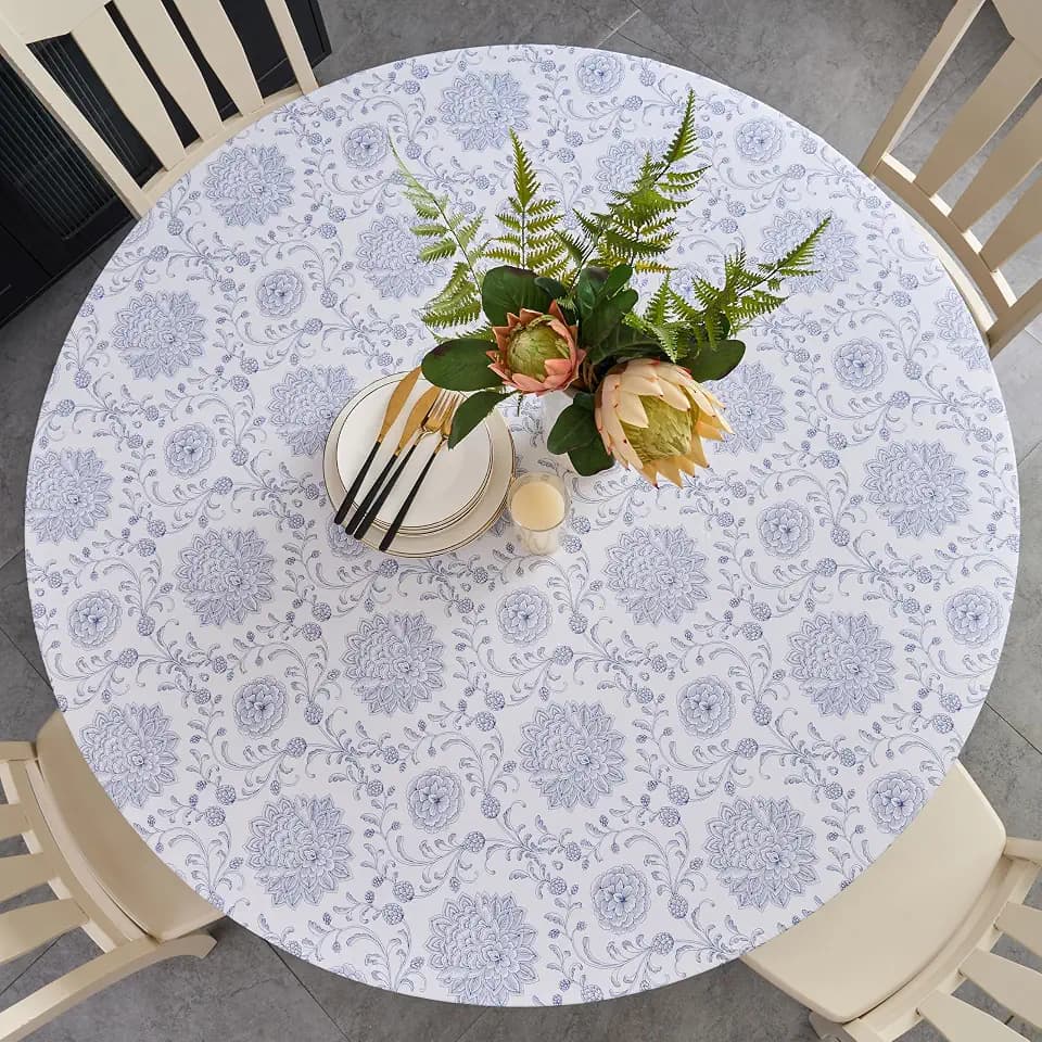 Pioggia Round Vinyl Fitted Tablecloth with Flannel Backing Elastic Table Cloth Waterproof Oil-Proof Plastic Table Cover Best for 32"-36" Round