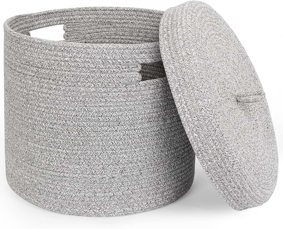 Storage Basket with Lid, Woven Blanket Storage for Living Room, Soft Cotton Rope Bin with Lid, Round Wicker Laundry Basket with Cover, Lidded Kid Dog Toy Box, Nursery Organizer, 15"x13", Gray