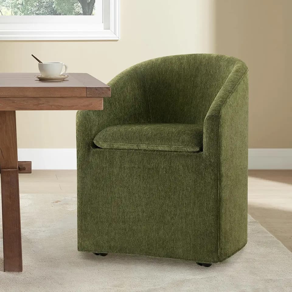 KISLOT Upholstered Dining Chairs with Casters, Washable Cover Modern Dining Room Chairs with Barrel Backrest & Armrest, Vanity Chair with Wheels for Kitchen, Living Room, Bedroom, Green Fabric, 1PCS