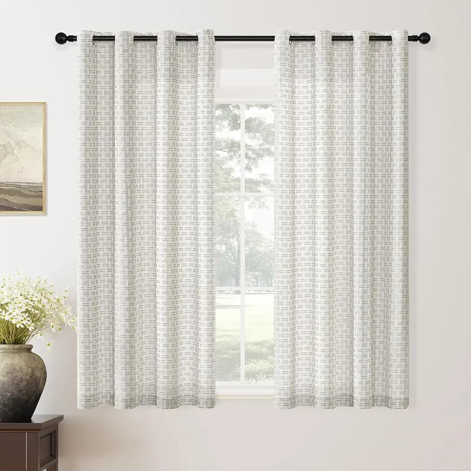 ChrisDowa Semi Sheer Light Grey Plaid Curtains 63 Inches Long 2 Panels