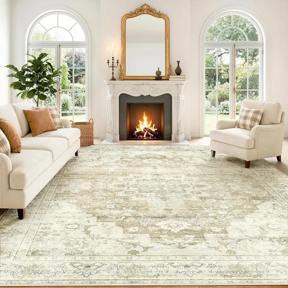LIVELYGLOW 8x10 Washable Vintage Area Rug, Beige Floral Carpet