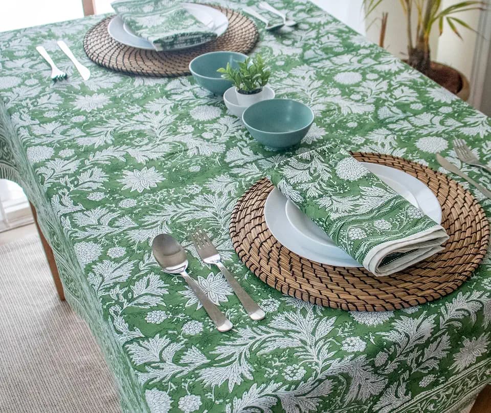 Block Print Green Table Cloth- 54x108 Inch Rectangle 100% Cotton Handmade Pre-Shrink, Washable for Spring, Kitchen & Dining Perfect for Chirstmas, Patio, Indoor & Outdoor, Farmhouse