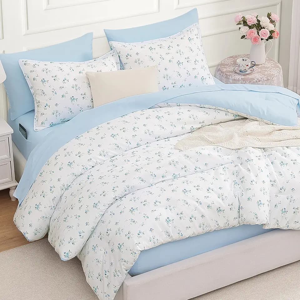Andency Floral Full Comforter Set, 7 Pieces Cute Blue Coquette Bedding