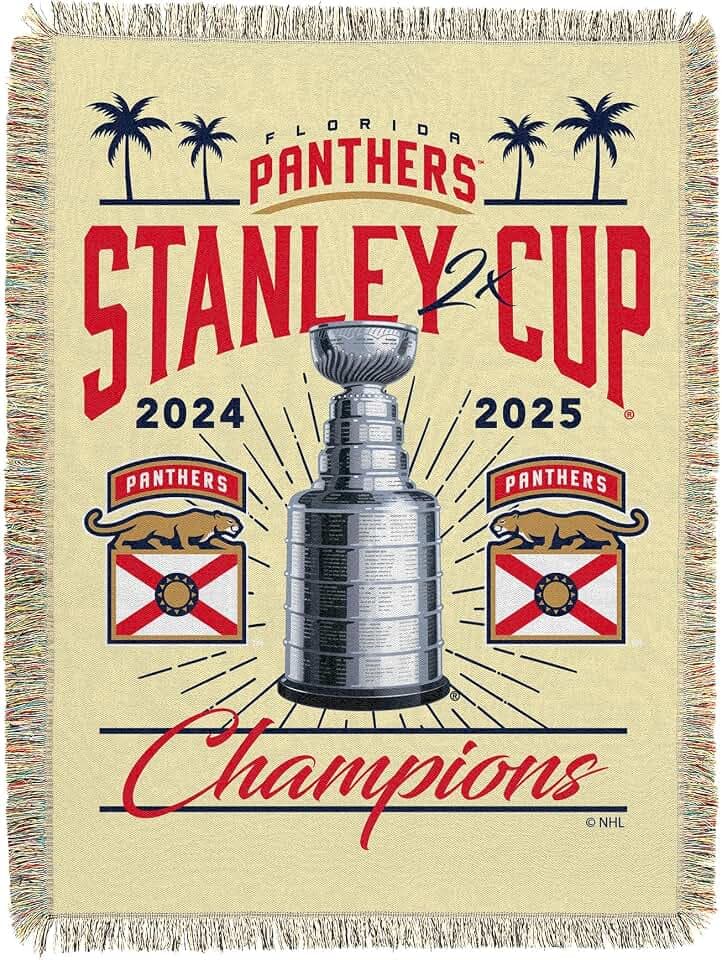Northwest Florida Panthers 2025 Stanley Cup Champions Recorded Woven Tapestry Throw Blanket – Official NHL, 48 x 60 Inches, Decorative Fringed Edges, Soft Polyester, Team Logo, Championship Gift