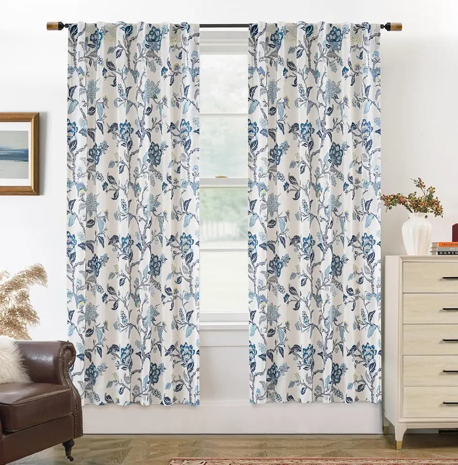 DriftAway Ada Floral Botanical Print Flower Leaf Lined Thermal Insulated Room Darkening Linen Blend 100% Blackout Back Tab Window Curtains 2 Layers Set of 2 Panels Each 52 Inch by 72 Inch Navy