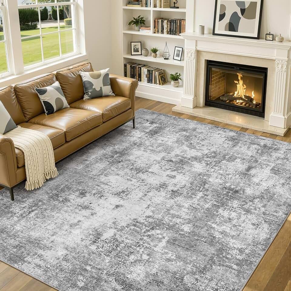 Abstract Rug 8x10 Washable Neutral Large Living Room Area Rug Gray