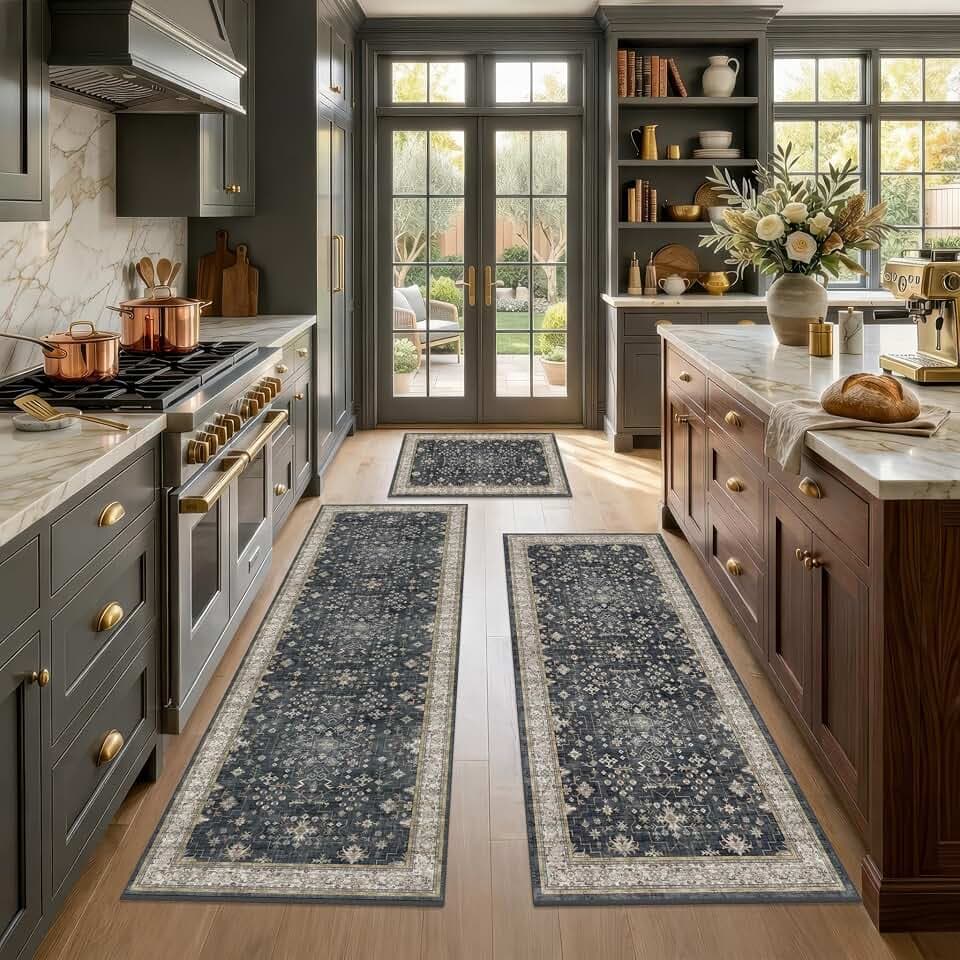 JTJ Kitchen Rugs Set of 3, Black Boho Vintage Washable Non Slip Mats