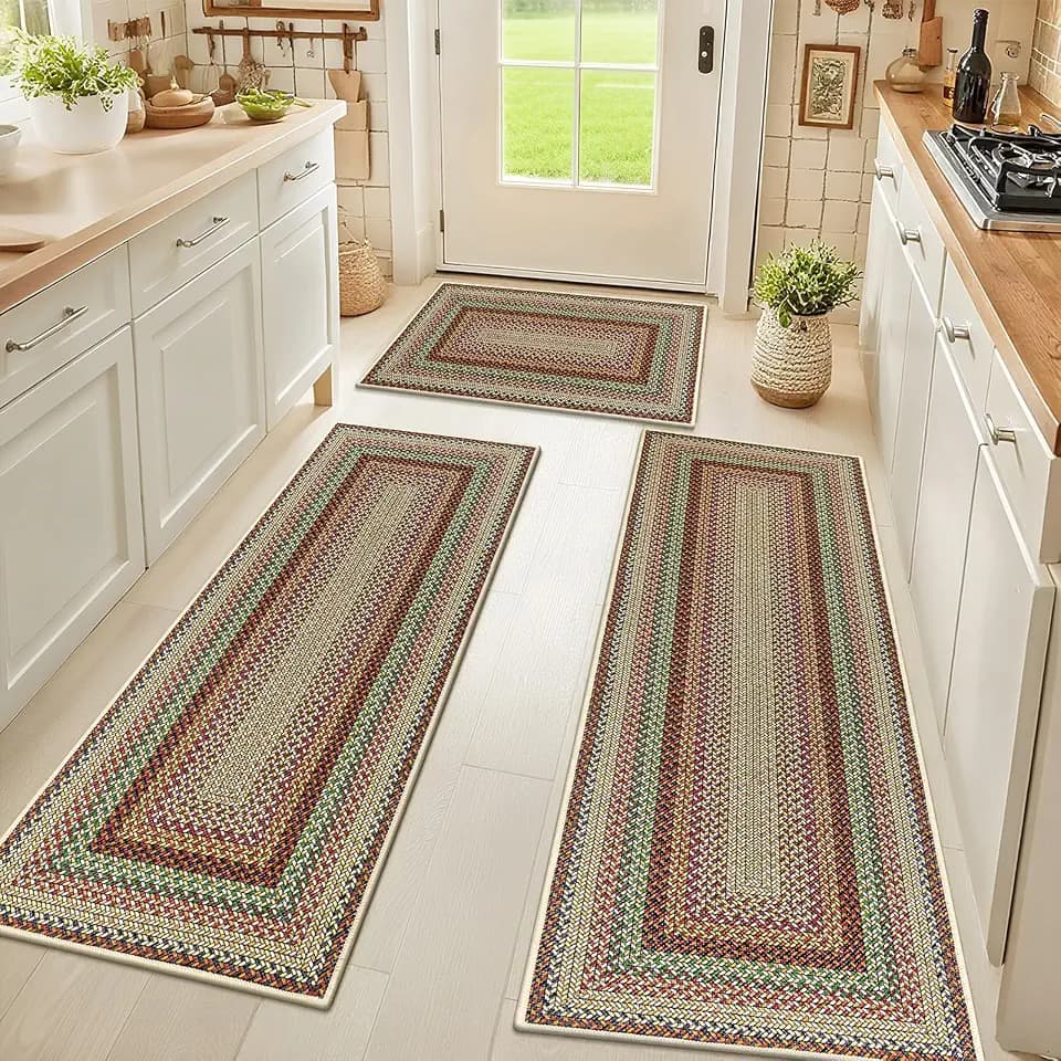 HEBE Faux Jute Kitchen Rugs Set of 3, Washable Kitchen Mats for Floor