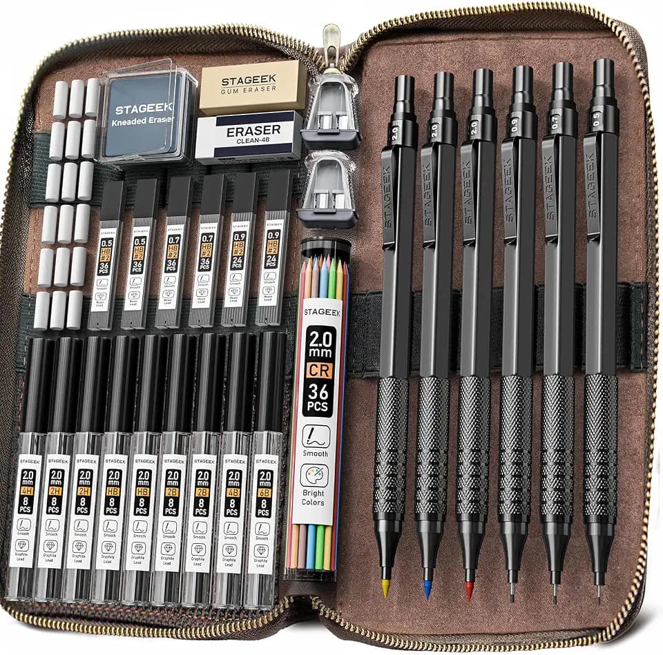 STAGEEK 30Pcs Black Metal Mechanical Pencil Set with Leather Case