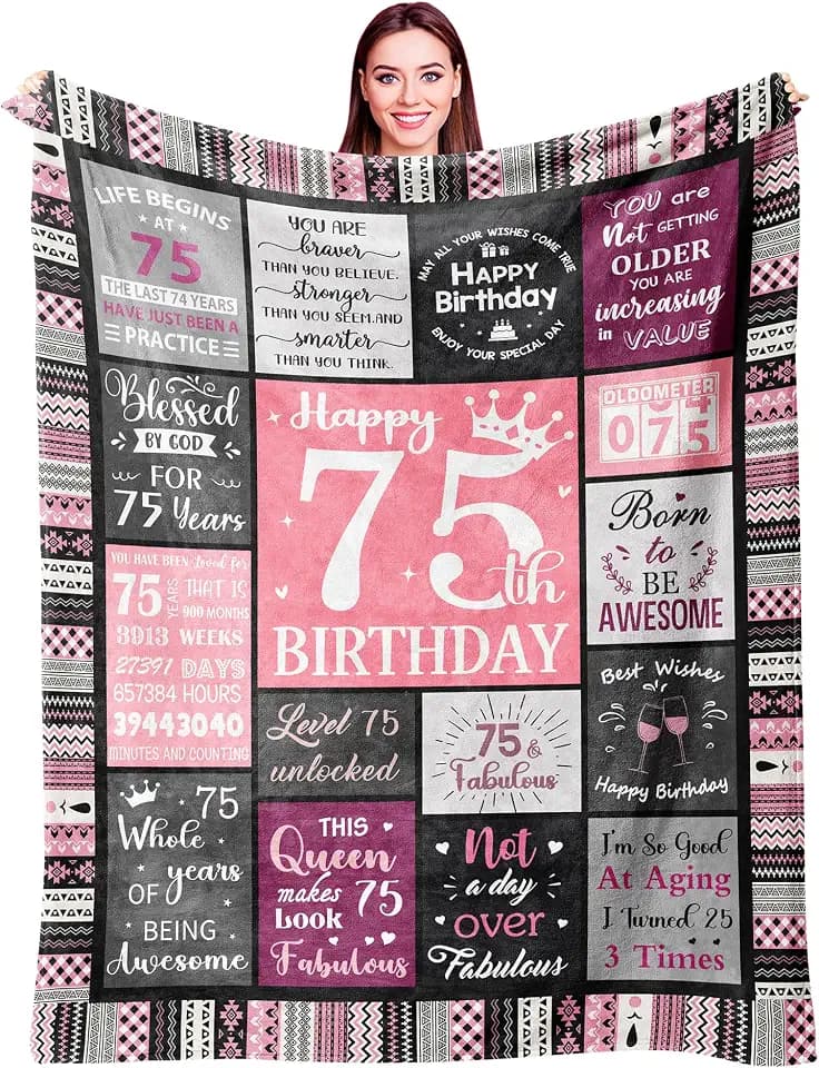 Ivivis 75th Birthday Gifts for Women Throw Blanket 60”x50”, Happy 75th Birthday Decorations for Women, 1951 Bday Gift for 75 Year Old Woman Mom Grandma Friend
