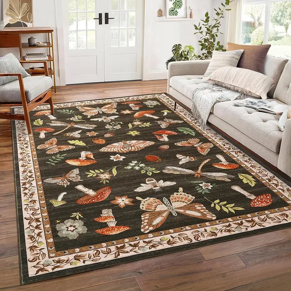 ROYHOME Mushroom Insect 6x9 Area Rug for Bedroom Living Room Brown