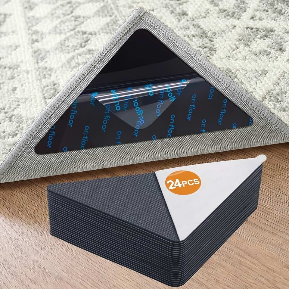 24 Pcs Rug Tape,Anti Slip Rug Pads Grippers for Hardwood Floors and Tiles,with Strong Adhesive Grid Backing -No Residue,Reusable Carpet Tape, Double-Sided Adhesive Rug Stickers