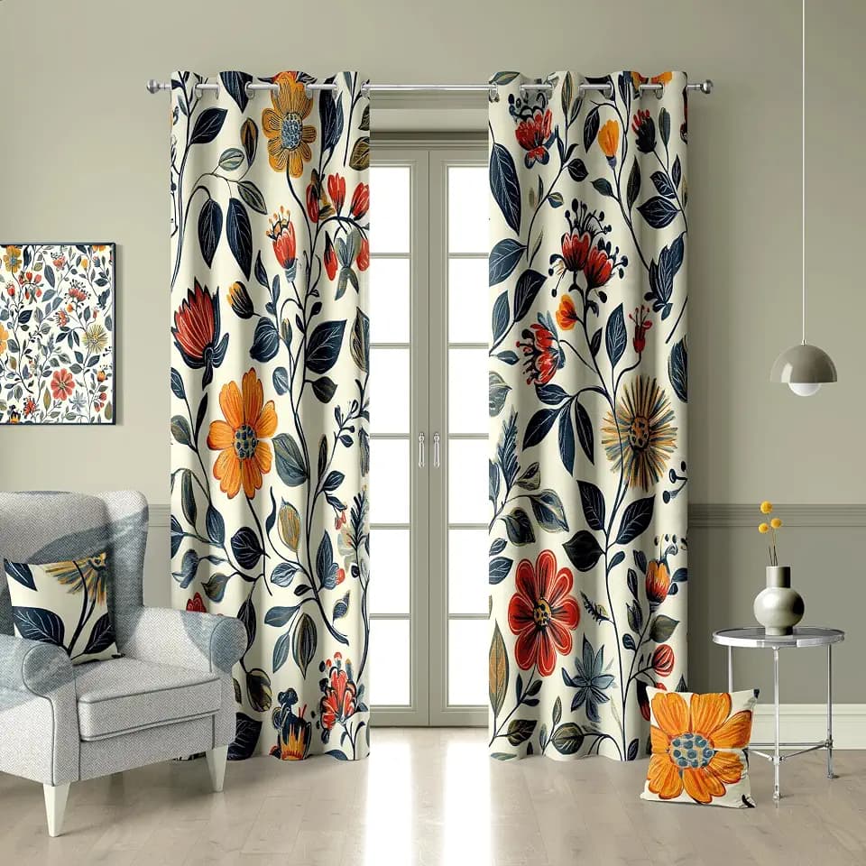 Floral Leaves Blackout Curtain, Red Yellow Boho Flowers Aesthetic Art Window Curtains Darkening Thermal Insulated Grommet Window Drapes for Living Room Bedroom Decor 2 Panels 52x63 Inches