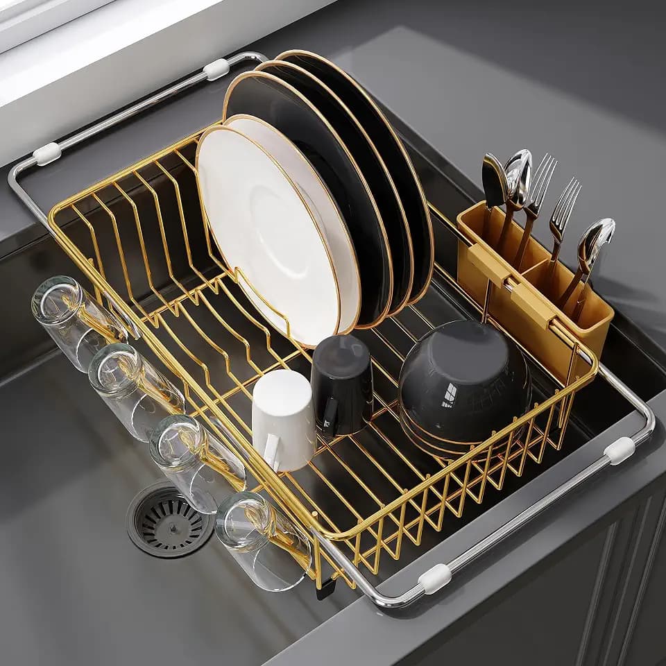 JASIWAY Gold Dish Drying Rack in Sink, Dish Drainer with Utensil Holder
