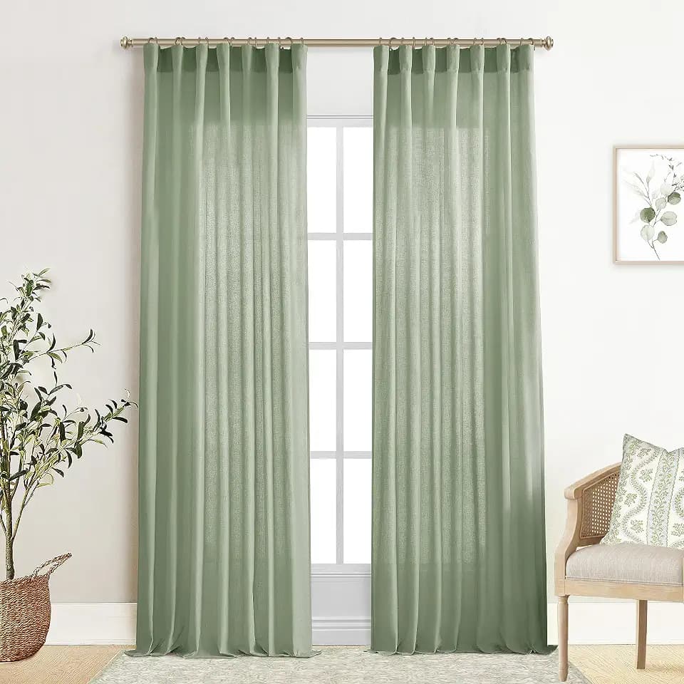 XTMYI Sage Green Linen Cotton Blend Curtains 84 Inches Long, Light Filtering Semi Sheer Cottage Core Boho Curtain Drapes for Summer Bedroom Living Room, Cortinas Verde Salvia
