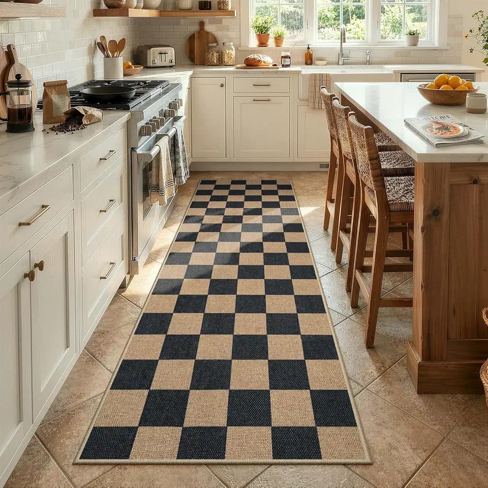 Lahome Checkered Easy Jute Kitchen Runner Rug, 2x8 Outdoor Rugs Washable