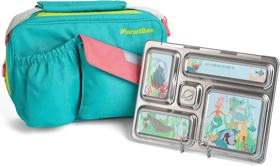 PlanetBox Rover Stainless Steel Bento Box Style Lunch Box Kit for Kids with 5 Compartments, Includes Insulated Lunch Bag, Leakproof Food Containers and Matching Mermaid Lagoon Magnets