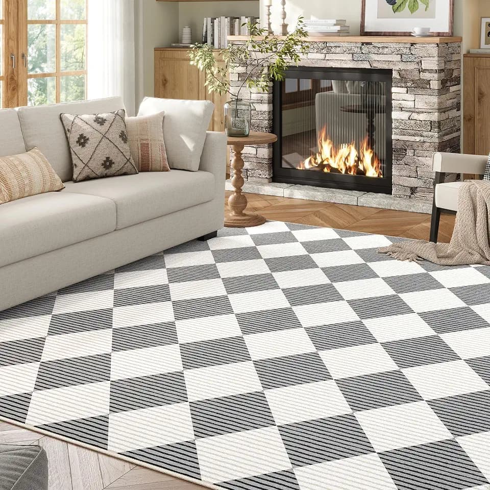 3x5 Washable Checkered Rugs for Bedroom, Grey and White Area Rug