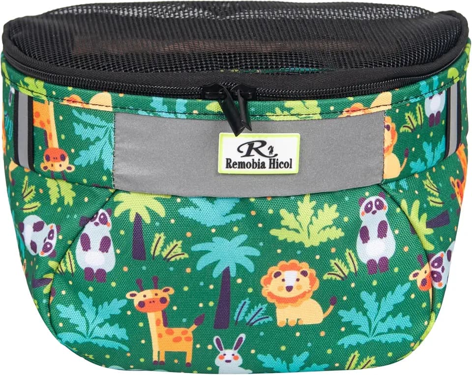 Remobia Hicol Kids Bike Basket,Durable Front Frame Bicycle & Scooter Basket Bag,Waterproof Fabric Bicycle Handlebar Bag for Boys, Girls, Toddlers with Zipper Mesh Lip (Green Animal)
