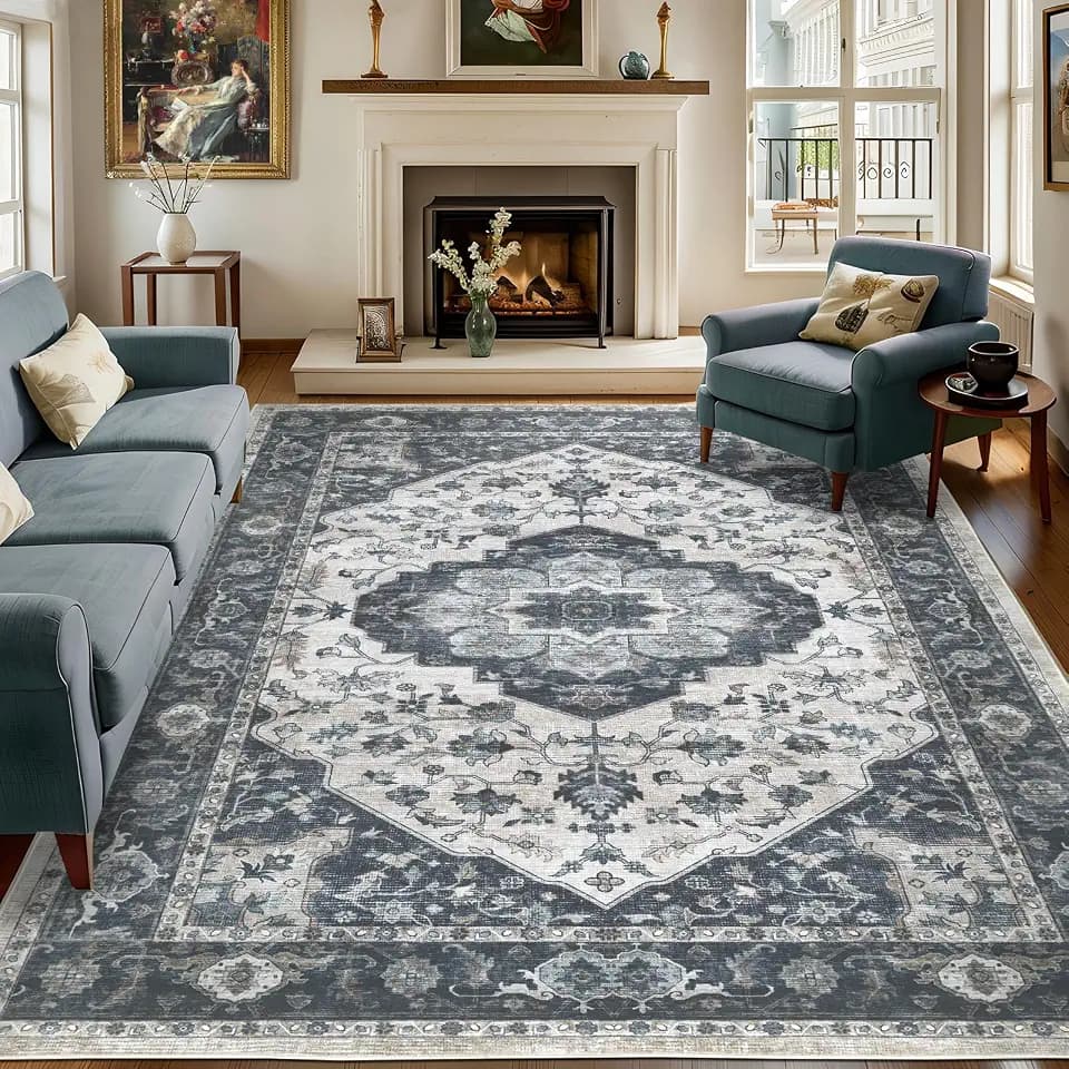 9x12 Vintage Washable Area Rug, Blue Beige