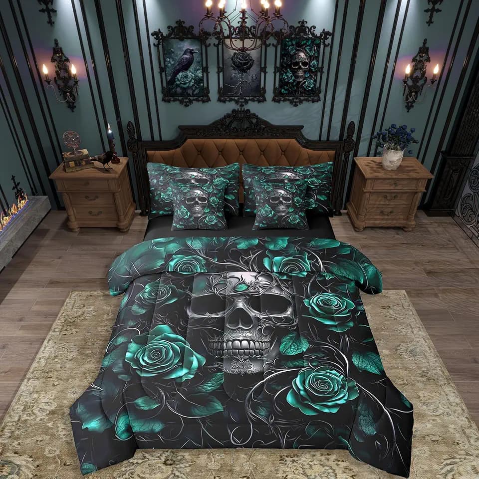 Erosebridal Sugar Skull 7 Pcs Comforter Set Full,Turquoise Rose Floral Bedding Set for Kids Boys Girls Teens Adults,Gothic Skeleton Bed in a Bag,Exothic Hippie Horror Bed Sets with Sheet Set