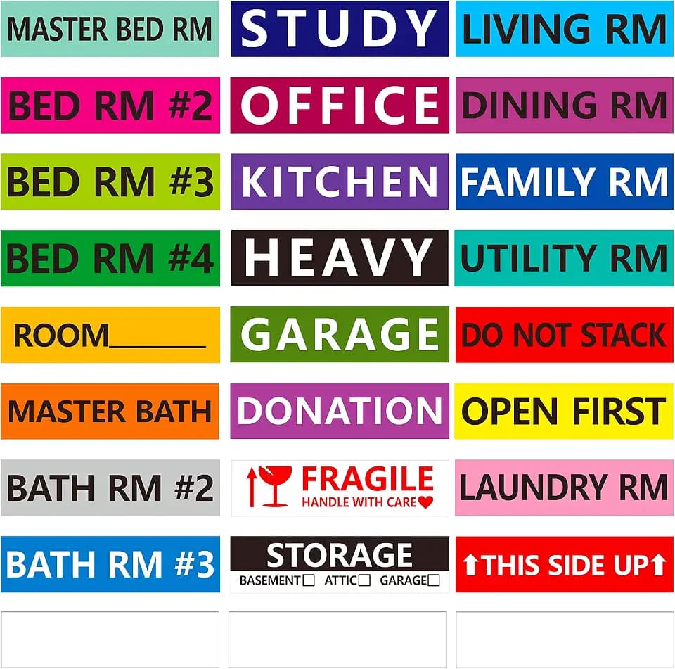 1200 Pcs 25 Designs Pre-Printed Color-Coded Home Moving Box Labels with Customizable Blank Sticker (Each Measures 3.9” x 0.9”)