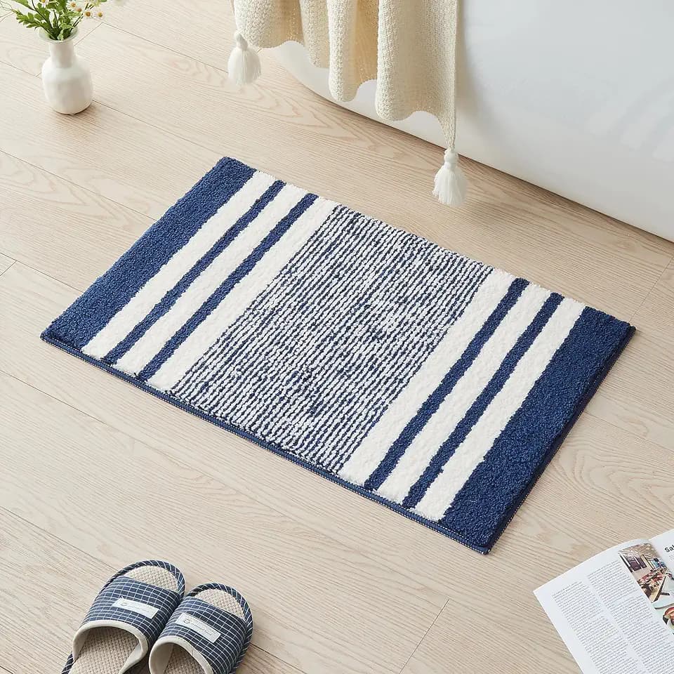 CozeCube Navy Blue Striped 32"x20" Non Slip Washable Bath Mat