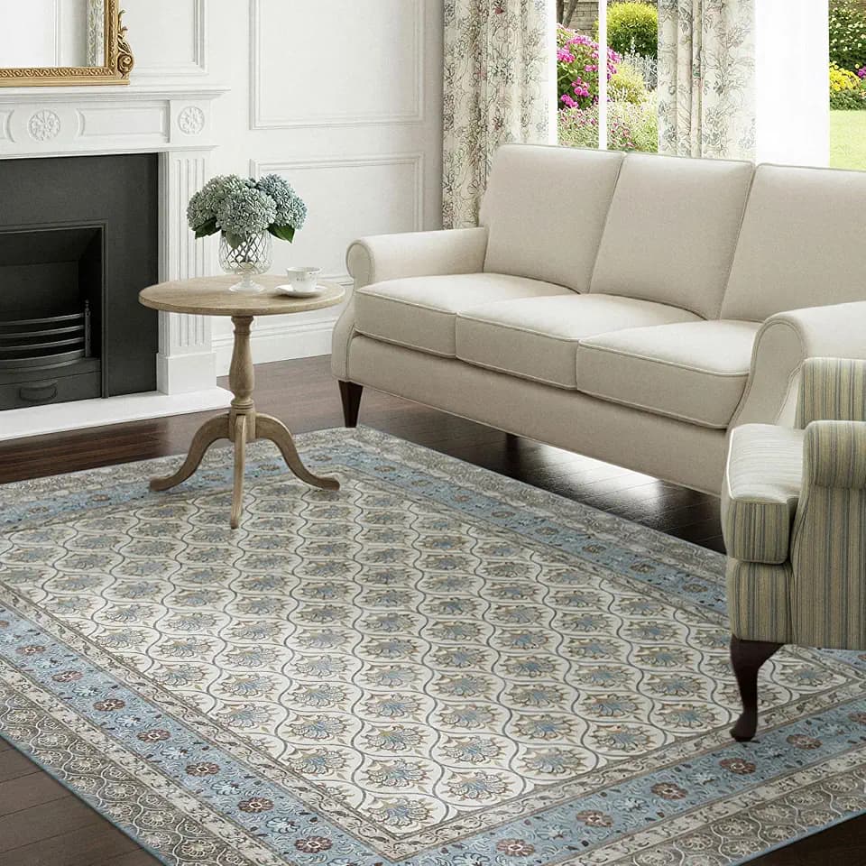 Laura Ashley Blue Amelia Trelis Floral Machine Washable & Slip Resistant 7'10" x 10' Area Rug