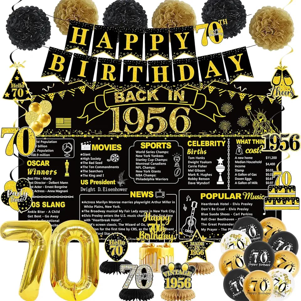 DARUNAXY Black Gold 1956 70th Birthday Decorations for Men Women(30 Pcs)