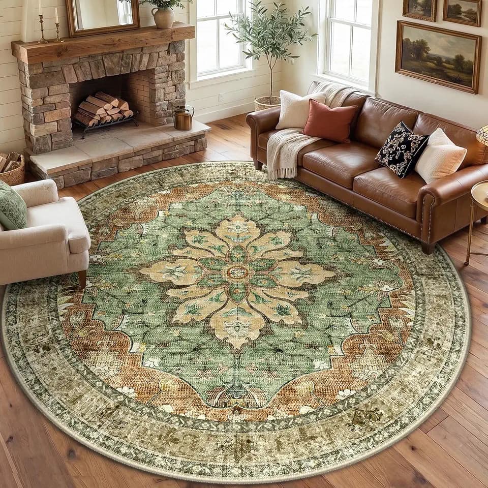 RELEANY Washable Area Rug, Round 8ft, Brick/Brown/Green