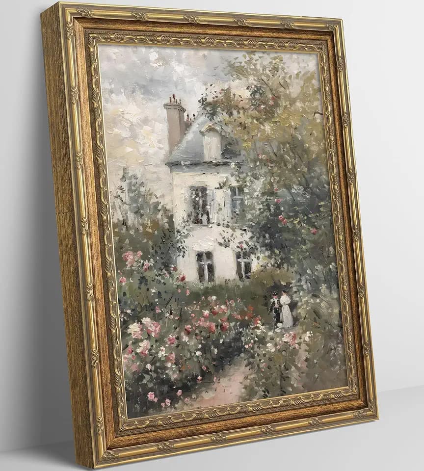 Vintage Gold Framed Rose Garden Canvas Wall Art Neutral English Cottage Flower Pictures Wall Decor Spring Nature Botanical Print Poster for Living Room Bedroom Hallway Office Home Decorations 9x11in