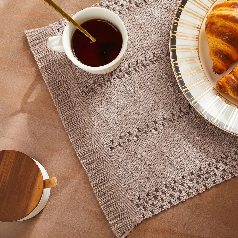 ZeeMart Macrame Style Boho Placemats Set of 4, Taupe 12x20 Inch