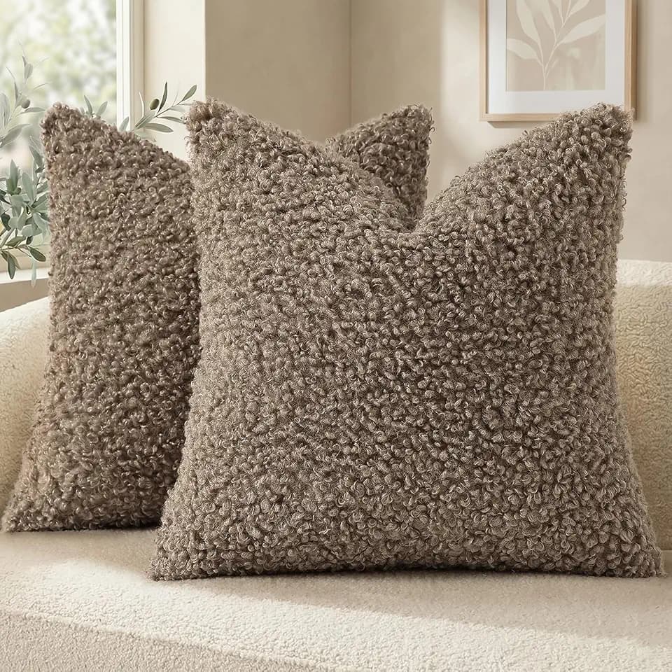decorUhome Sherpa Decorative Throw Pillow Covers 22x22 Set of 2 Khaki