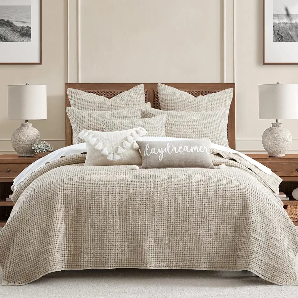 Levtex Home Mills Waffle King/Cal King Quilt Set (106x92in) with 2 Pillow Shams (36x20in) - Wheat - Cotton Waffle King Size Quilt Bedding Set - Lightweight, Soft, Pre-Washed