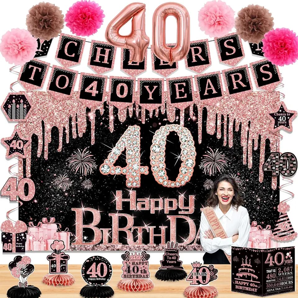 40th Birthday Decorations for Women,24PCS 40th birthday decor,Happy 40th Birthday Banner,Anniversary Card,6 Honeycomb Topper,Balloons,Cheers to 40 years banner,7 Hanging Swirl,6 paper Poms,sash