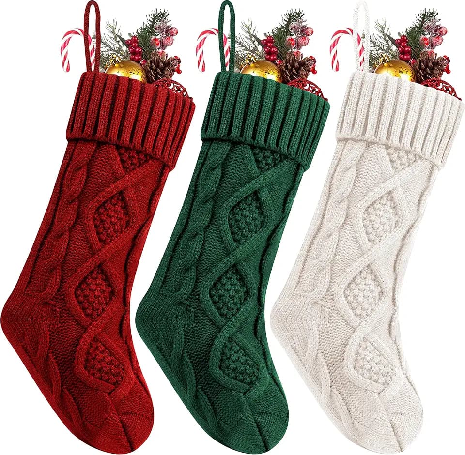 Fesciory Christmas Stockings, 3 Pack 18 Inches Cable Knitted Large Size Stocking Gifts & Decorations for Family Holiday Xmas Party (Burgundy&Ivory White and Green 18in)