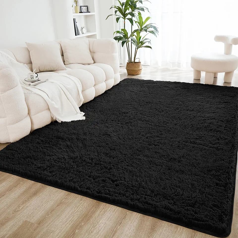 Litanika 5x8 Shag Area Rug for Bedroom, Black Plush Rug