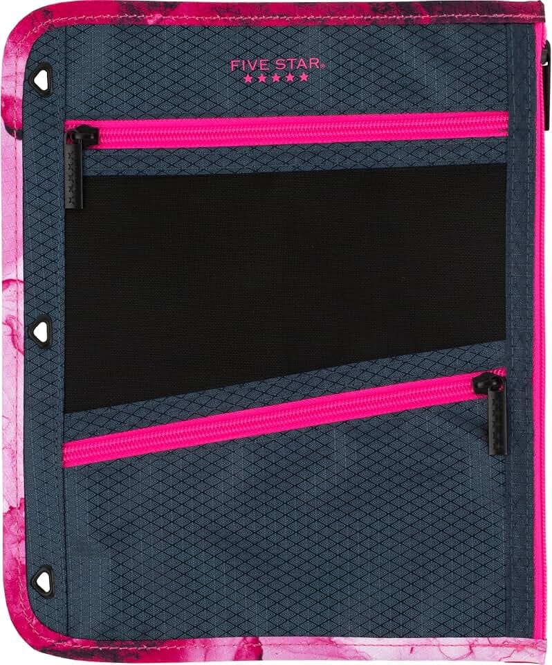 Five Star Pencil Pouch, Pen Case, 3-Pocket Zipper Pouch, Fits 3-Ring Binder, Storage Organizer for Classroom Supplies Earbuds Chargers Cables Makeup, Navy/Pink (506420B-ECM)