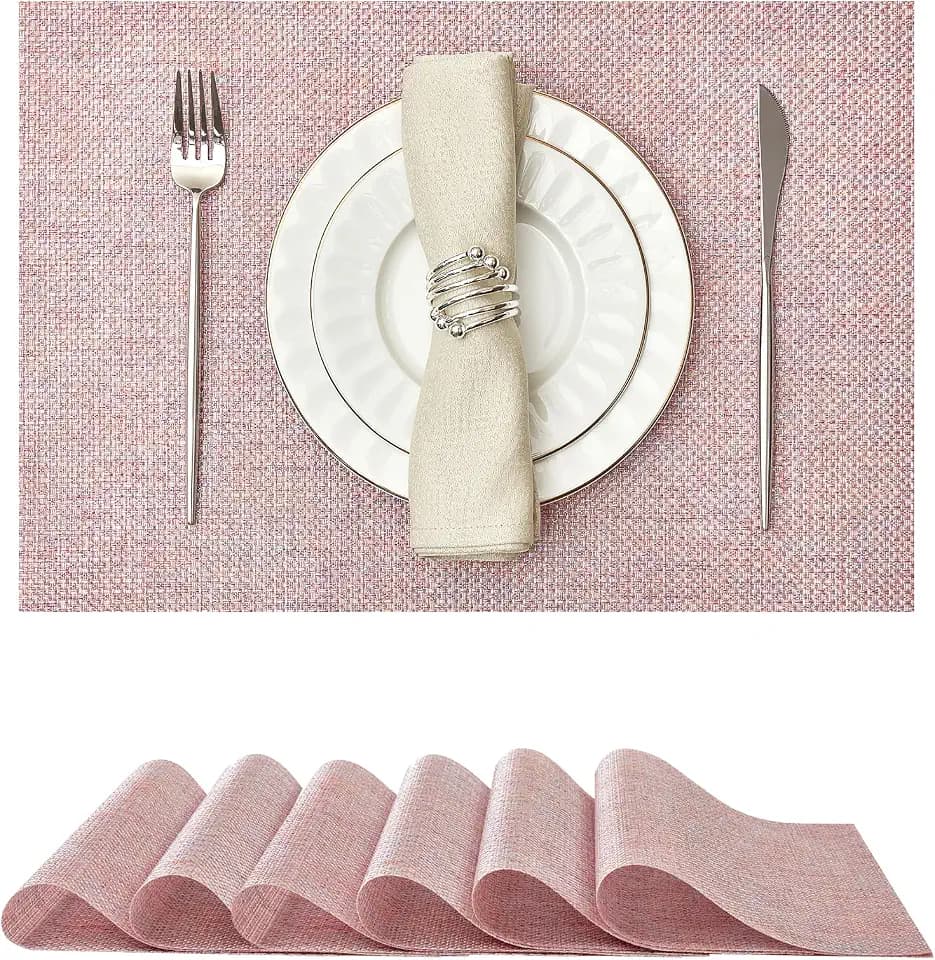 Woven Vinyl Placemats Set of 6,Pink Iridescent
