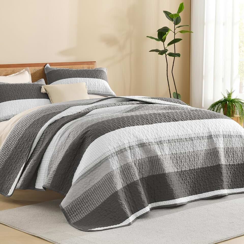 Litanika Oversized King Quilt, 3 Pcs Dark Grey Stripe Bedding Set