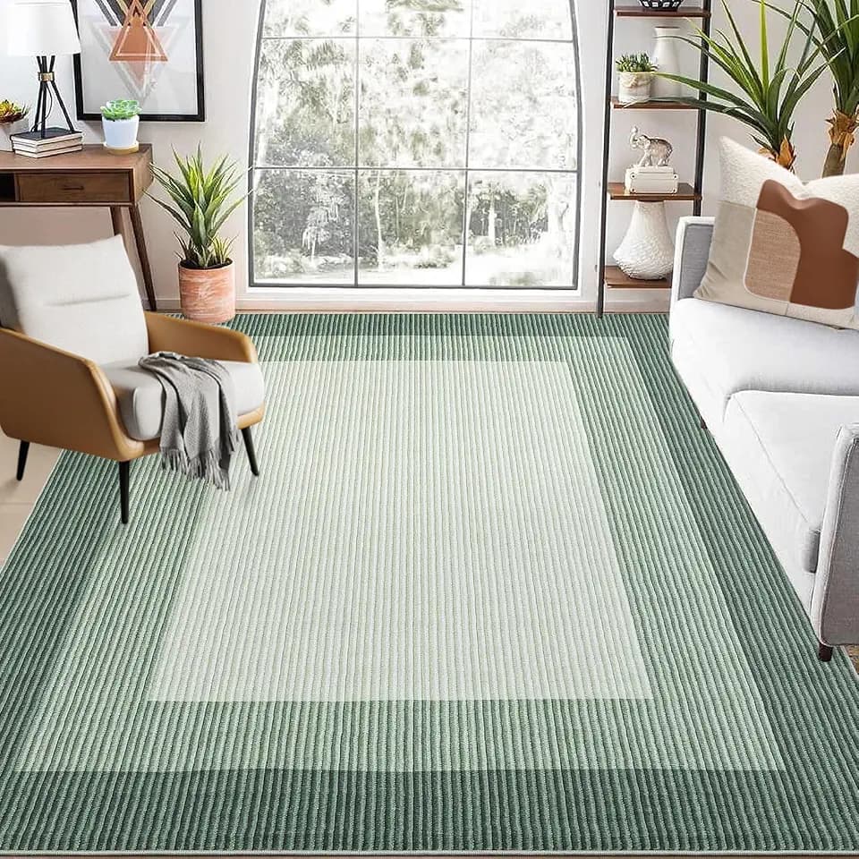 GarveeHome Washable Rug 8x10 Living Room Rug Neutral Bordered Carpet for Dining Room Solid Non Slip Low Pile Pet Friendly Large Carpet for Farmhouse Apartment Bedroom Dorm Green