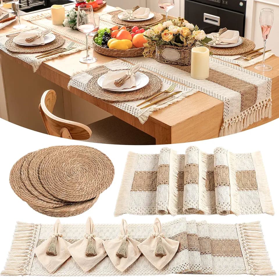 4 Sets Boho Table Runner and Woven Round Placemats Set, Khaki, 12x72