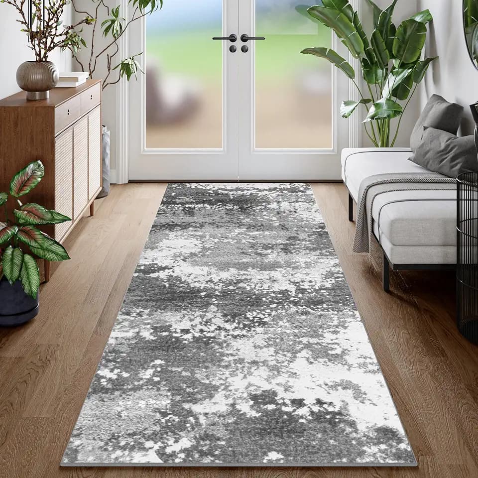 Rug Runners for Hallways Kitchen 2.6x8 Non Slip Washable Grey Entryway Runner Rugs with Rubber Backing 8ft Long Carpet Runner for Laundry Bedroom, Low Pile Stain & Fade Resistant, Abstract Gray