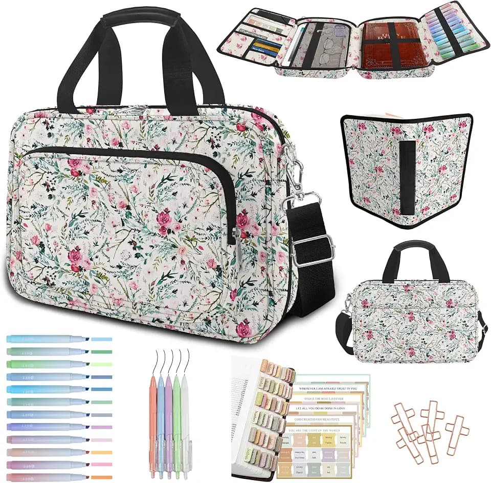 Pink Floral Bible Cover Case for Women, Cute Flower Large Bible Bag Book Carrying Bag with Strap Handle Zipper Pockets, Pens and Highlighters Cross Clips for Bible Study & Church