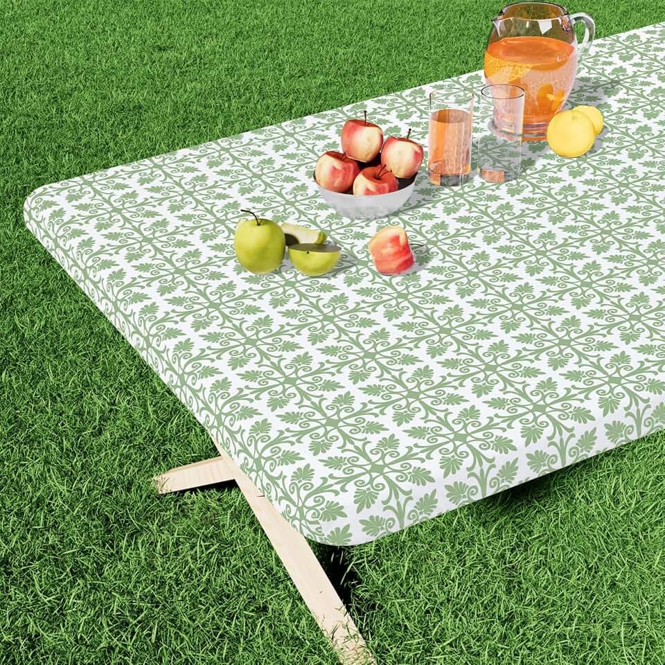 misaya Rectangle Vinyl Table Cloth, Elastic Fitted Flannel Backed Tablecloth, Waterproof Plastic Table Cover Fits 8 Foot Folding Tables for Picnic, Camping, Outdoor (Sage Green, 30" x 96")